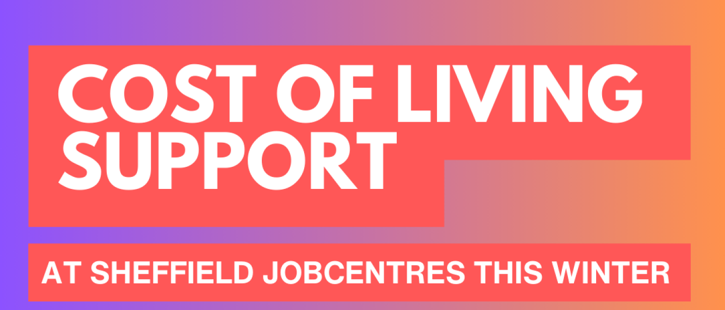 Graphic with 'Skills for Life Multiply' logo. Text reads 'Cost of living support at Sheffield Job Centres this winter'